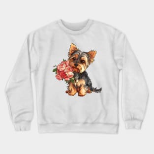 Valentine Yorkshire Terrier Dog Giving Flowers Crewneck Sweatshirt